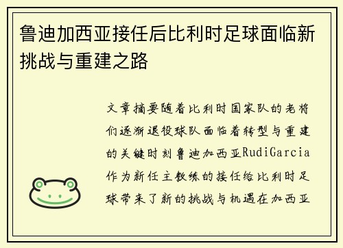 鲁迪加西亚接任后比利时足球面临新挑战与重建之路